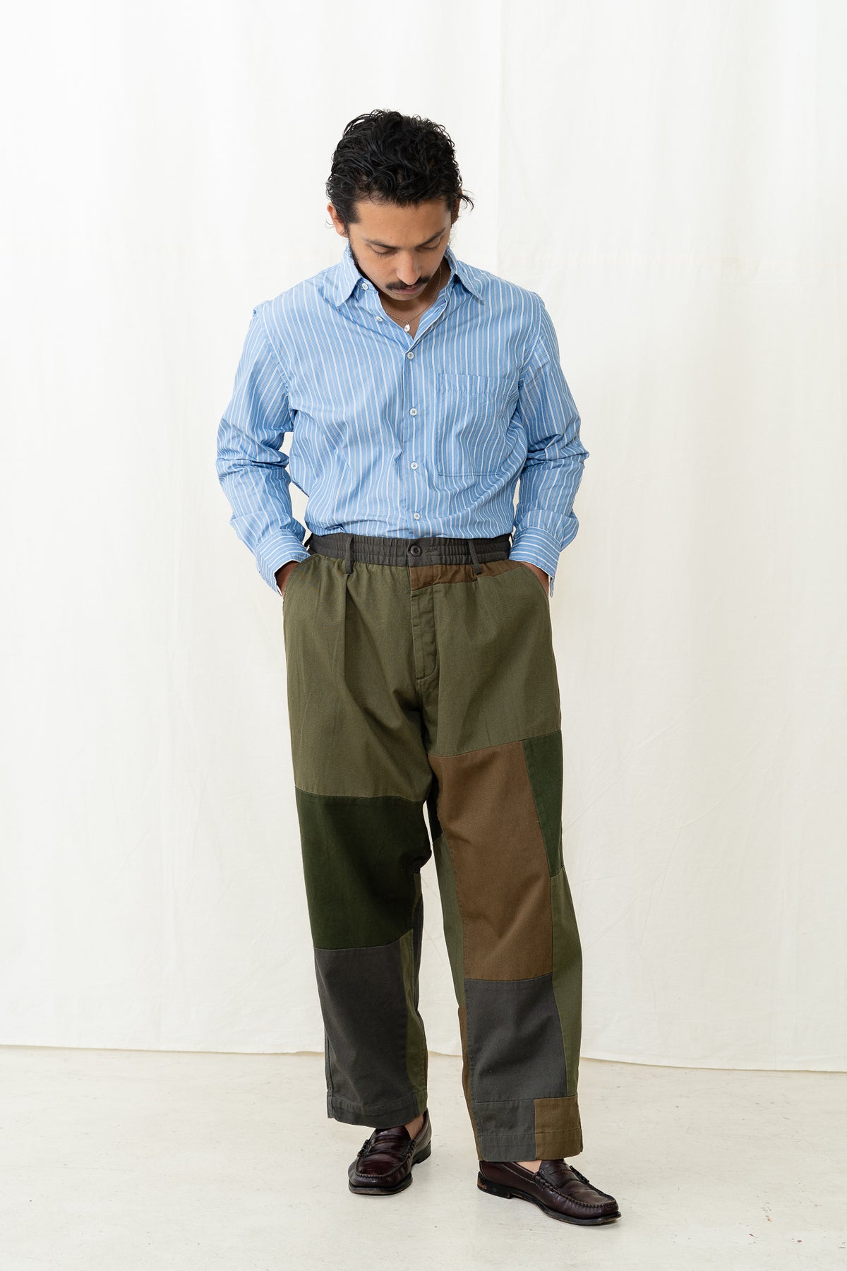 Universal Works Oxford Pant in Olive Patchwork