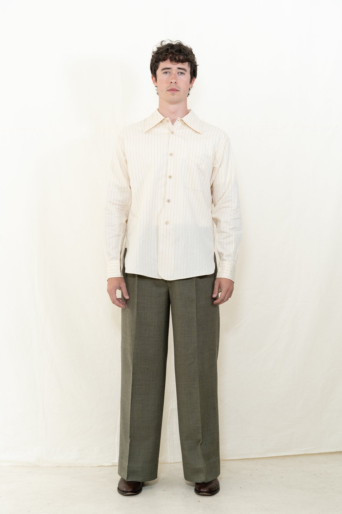 MotivMfg Savon Cotton Silk Ivory Striped Shirt