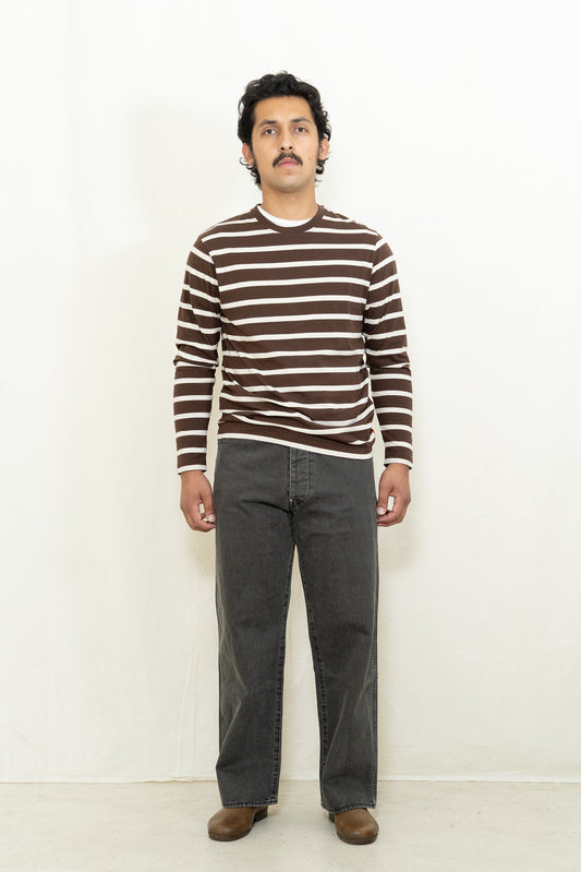 Far Afield Long Sleeve Breton Stripe T-Shirt in Brown