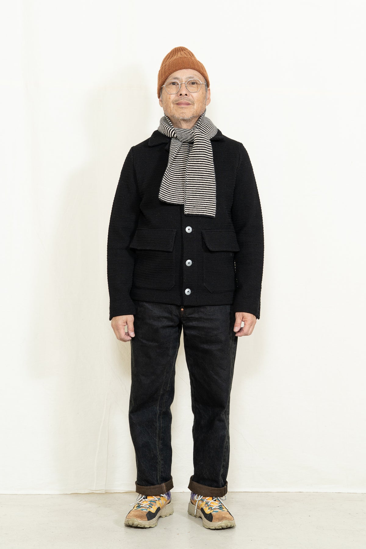 Jo Gordon Garter Stitch Scarf in Black and Oatmeal
